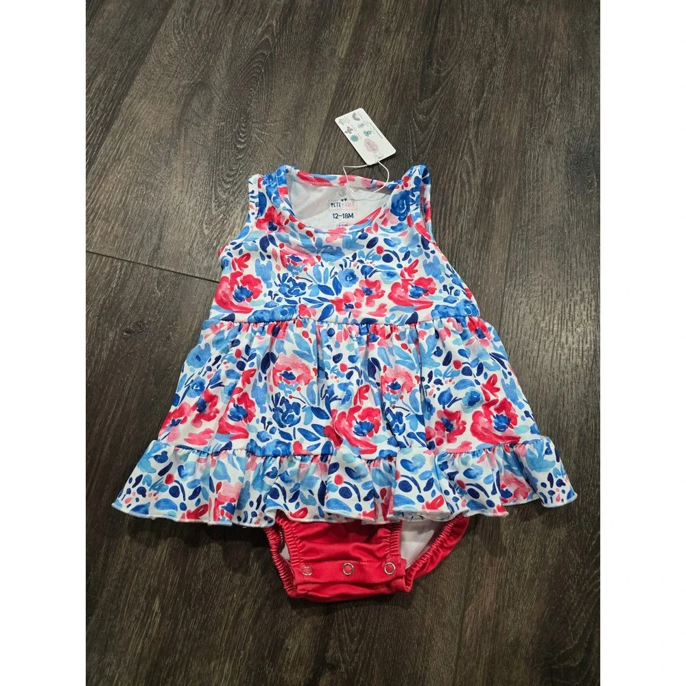 Pete + Lucy Baby Girl Floral Dress Romper Red Blue Watercolor Ruffle 12-18M NWT
